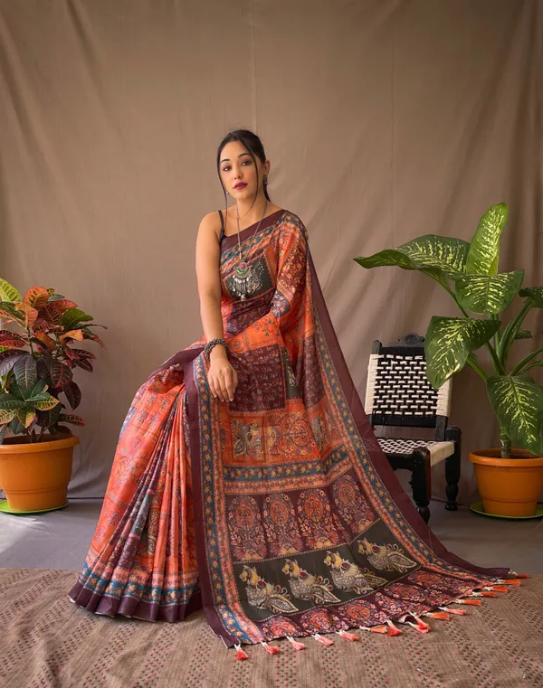 Orange_Pure_Soft_Cotton_Kalamkari_Print_Saree_With_Blouse_Piece_Attached